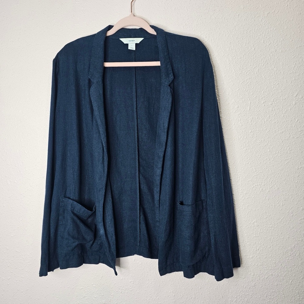 Old Navy Womens Large Navy Blue Linen Blend Open Front Pocket Blazer Jacket
